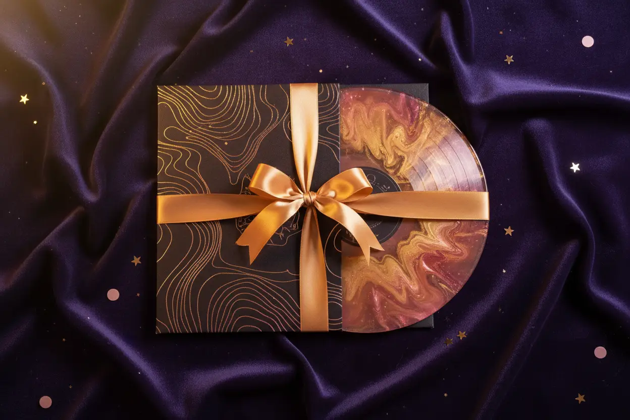Personalisierte Vinylhülle von Tubissime, mit einer goldenen Schleife gebunden