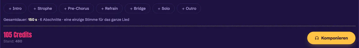 Kostenleiste im Editor des Studios: die Gesamtlänge des Songs und wie viele Credits die Komposition kosten wird, neben dem Button zum Komponieren