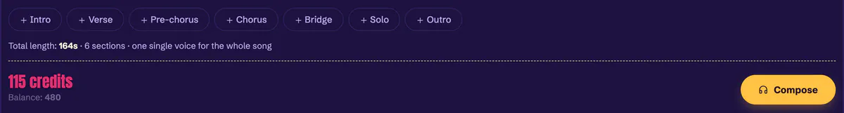 Cost bar in the Studio editor: the song's total length and the number of credits the composition will cost, shown next to the Compose button
