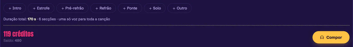 Barra de custo do editor do Estúdio: a duração total da canção e os créditos que a composição vai custar, ao lado do botão Compor