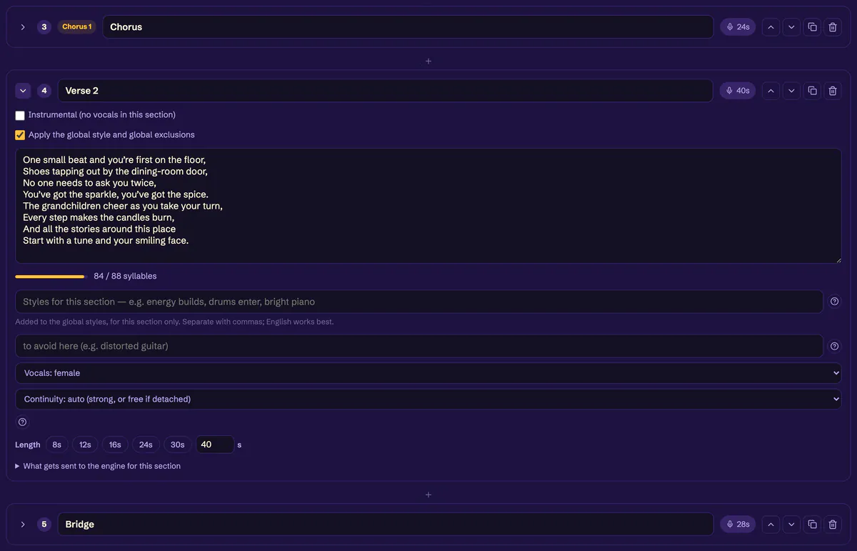 Studio editor: verse 2 open, with its lyrics, the syllable counter, the section's own styles and styles to avoid, the voice (female) and the length in seconds