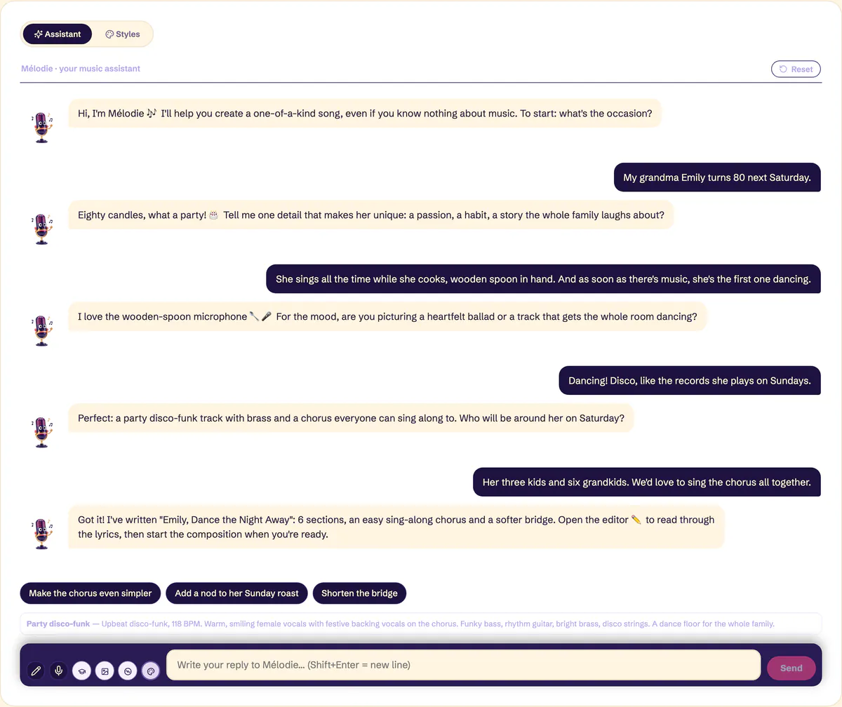 Assistant tab of the Tubissime Studio: the chat thread with Mélodie, her suggested replies and, below, the card showing the song's style