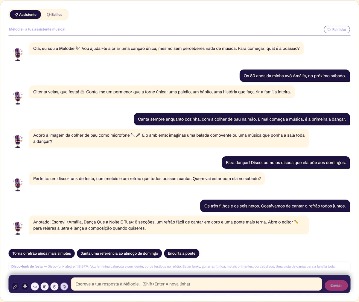 Separador Assistente do Estúdio Tubissime: a conversa com a Melodia, as suas sugestões e, por baixo, o cartão com o estilo da canção