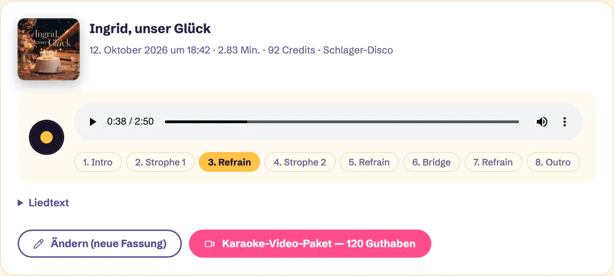 Player im Studio: ein fertiger Song mit anklickbaren Kapiteln, eines pro Abschnitt, das dritte hervorgehoben