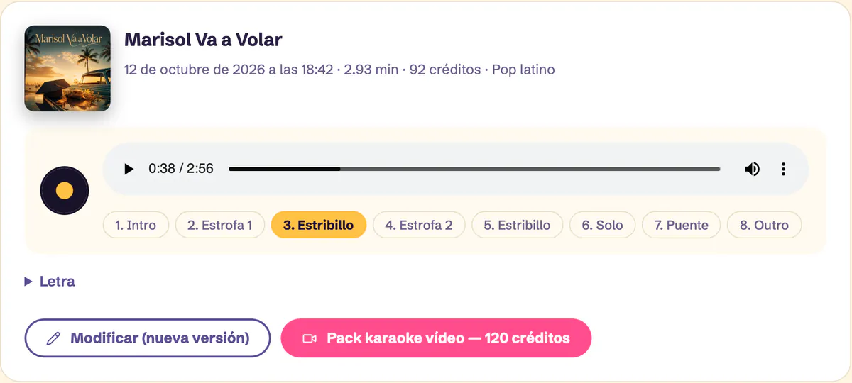Reproductor del Estudio: una canción lista, dividida en capítulos en los que se puede hacer clic, uno por sección, con el tercero resaltado