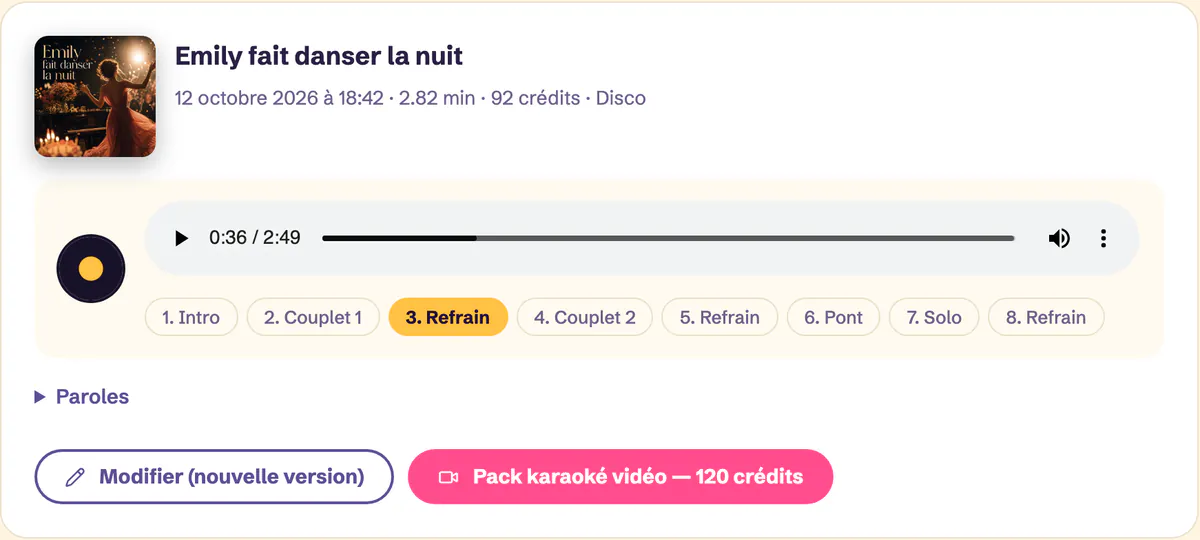 Lecteur du Studio : une chanson prête, découpée en chapitres cliquables, un par section, le troisième en surbrillance