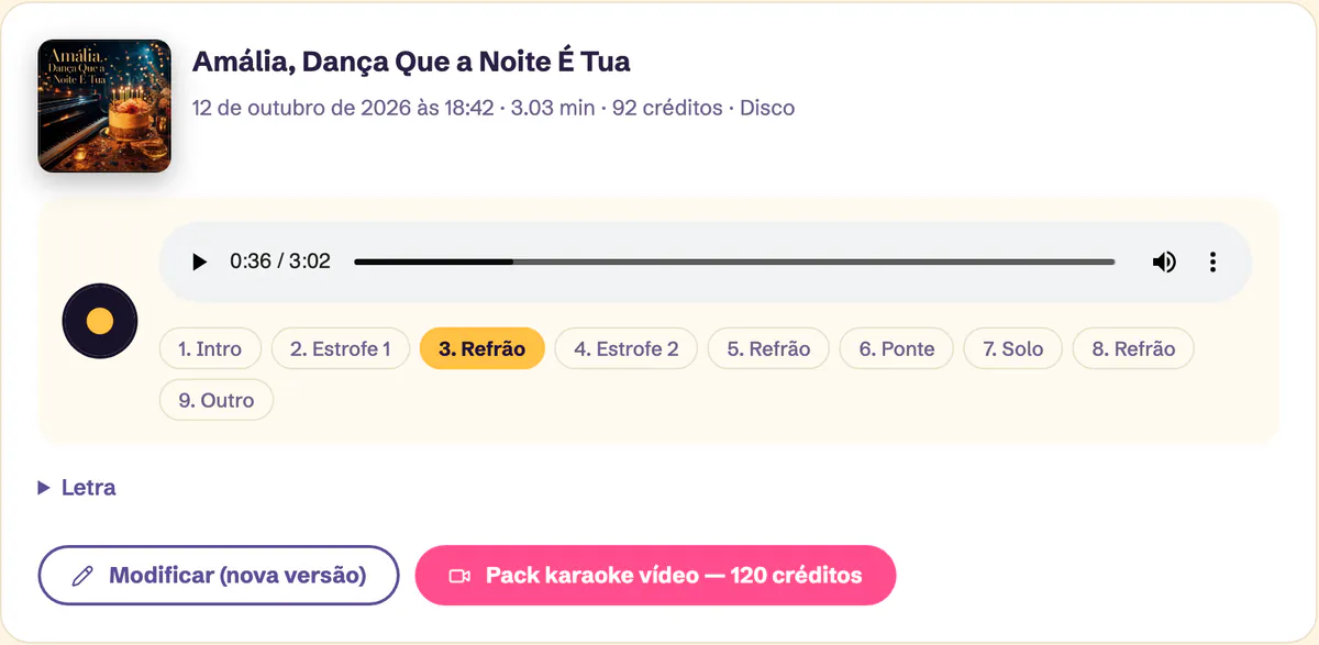 Leitor do Estúdio: uma canção pronta, dividida em capítulos clicáveis, um por secção, com o terceiro destacado